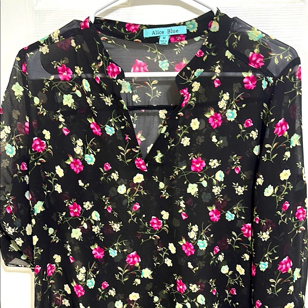 Alice Blue Sheer Pink and Green Blouse with Mandarin Collar